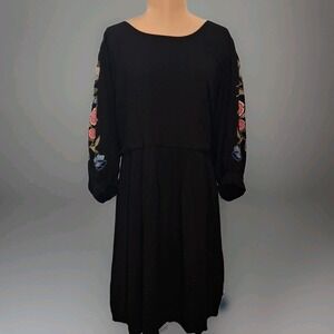 City Chic Black Babydoll Dress Size 14 Embroidered Puff Sleeve Boho Peasant